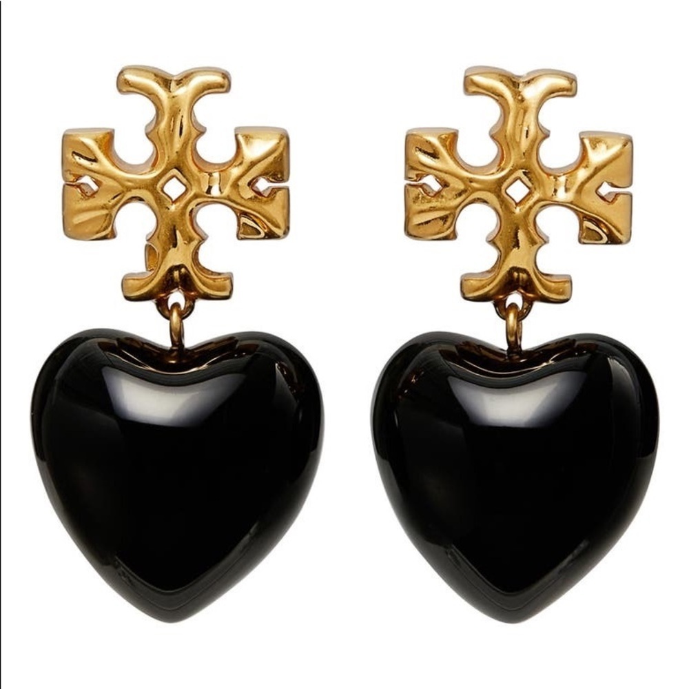 Tory Burch Authentic Vintage Roxanne Gold-Tone & Resin Heart Earrings In Black - Picture 6 of 10